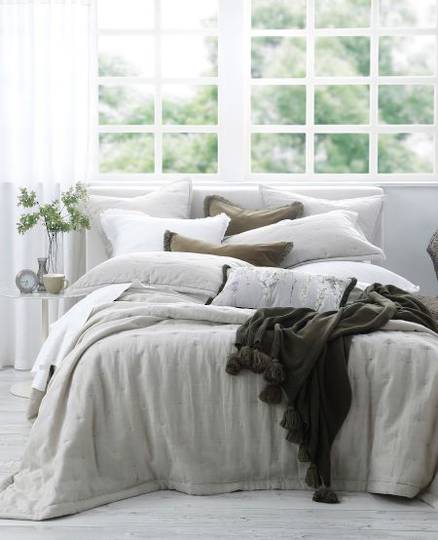 MM Linen - Laundered Linen Bedspread Set -  Quilted Euros and Tassel Pillowcases - Natural